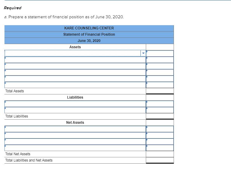 Required a. Prepare a statement of financial position as of June 30, 2020. KARE COUNSELING CENTER Statement of Financial Posi