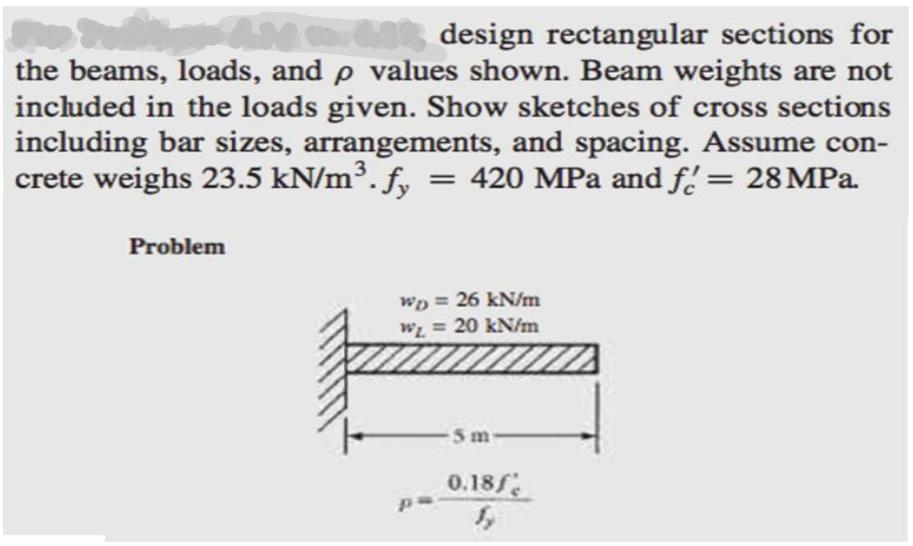 A design rectangular sections for the beams, loads, and p values shown.