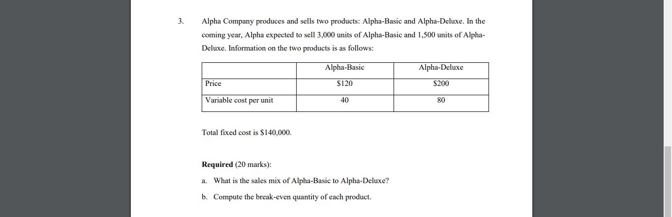 3. Alpha Company produces and sells two products: Alpha-Basic and Alpha-Deluxe. In the coming year, Alpha expected to sell 3,