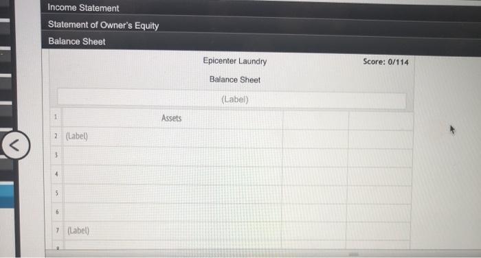 Income StatementStatement of Owners EquityBalance SheetScore: 0/114Epicenter LaundryBalance Sheet(Label)1Assets2 (L