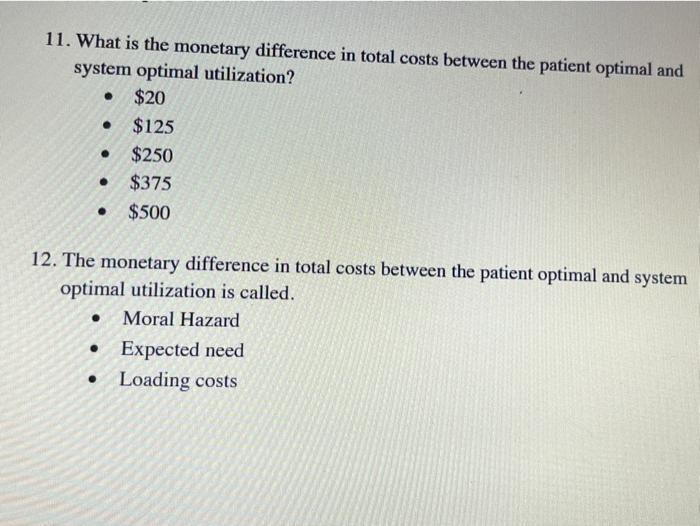 11. What is the monetary difference in total costs between the patient optimal and system optimal utilization? $20 $125 $250