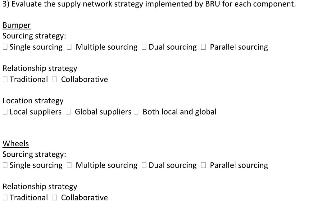 3) Evaluate the supply network strategy implemented by BRU for each component. Bumper Sourcing strategy: Single sourcing Mult