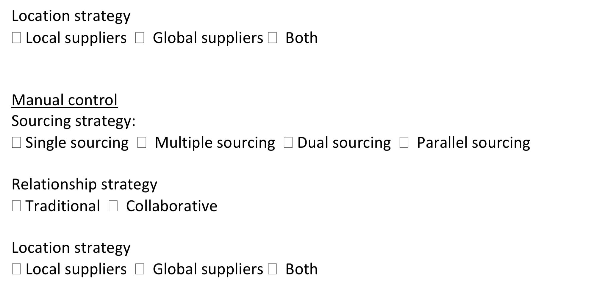 Location strategy Local suppliers a Global suppliers I Both Manual control Sourcing strategy: Single sourcing Multiple sourci