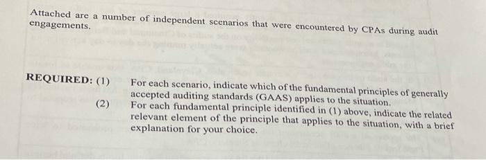 Attached are a number of independent scenarios that were encountered by CPAs during audit engagements. REQUIRED: (1) (2) For