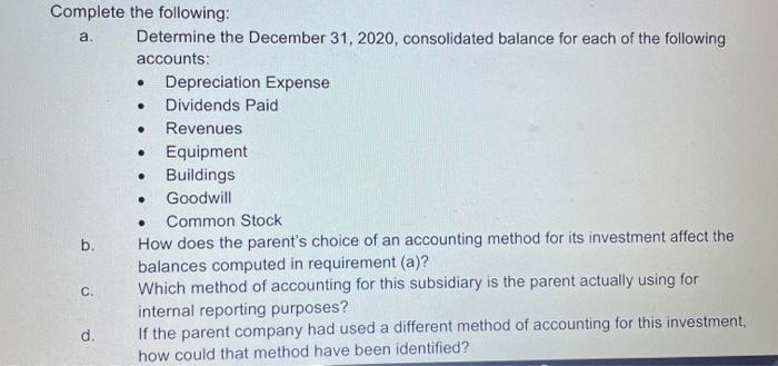 . .. .Complete the following: a. Determine the December 31, 2020, consolidated balance for each of the following accounts: