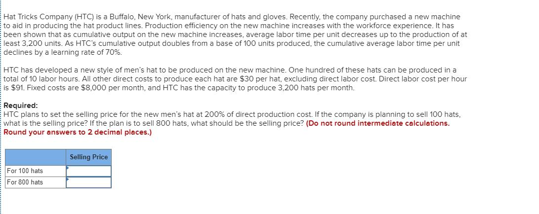 Hat Tricks Company (HTC) is a Buffalo, New York, manufacturer of hats and gloves. Recently, the company purchased a new machi