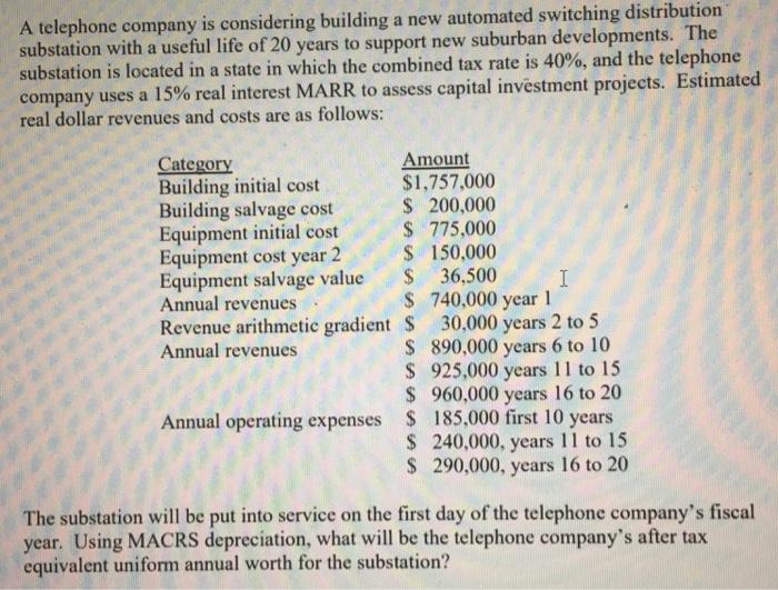 A telephone company is considering building a new automated switching distribution substation with a useful life of 20 years to support new suburban developments. The substation is located in a state in which the combined tax rate is 40%, and the telephone company uses a 15% real interest MARR to assess capital investment projects. Estimated real dollar revenues and costs are as follows: Amount $1,757,000 S 200,000 Category Building initial cost Building salvage cost Equipment initial cost775,000 Equipment cost year 2 150,000 Equipment salvage value 36,500 Annual revenues Revenue arithmetic gradient S 30,000 years 2 to 5 Annual revenues S 740,000 year 1 S 890,000 years 6 to I0 S 925,000 years 11 to 15 $ 960,000 years 16 to 20 185,000 first 10 years 240,000, years 11 to 15 S 290,000, years 16 to 20 Annual operating expenses The substation will be put into service on the first day of the telephone companys fiscal year. Using MACRS depreciation, what will be the telephone companys after tax equivalent uniform annual worth for the substation?