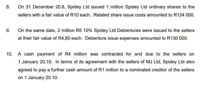 8. 8. On 31 December 20.8, Spidey Ltd issued 1 million Spidey Ltd ordinary shares to the sellers with a fair value of R10 eac