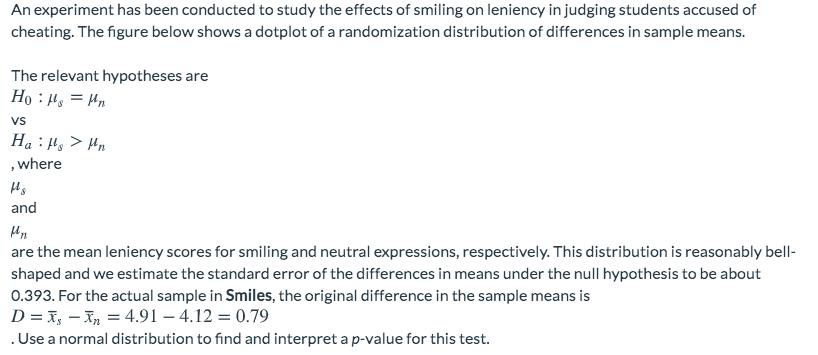 An experiment has been conducted to study the effects of smiling on leniency in judging students accused of cheating. The fig