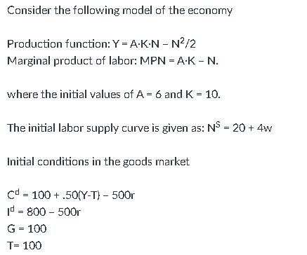 Consider the following model of the economy Production function: Y = A-K-N-N2/2 Marginal product of labor: MPN = A.K - N. whe