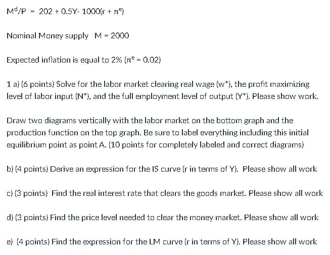 Md/P = 202 + 0.5Y-1000(r + ) Nominal Money supply M = 2000 Expected inflation is equal to 2% (n = 0.02) 1 a) (6 points) Solve