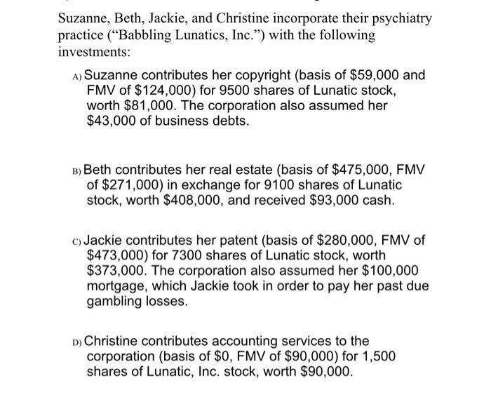 Suzanne, Beth, Jackie, and Christine incorporate their psychiatry practice (“Babbling Lunatics, Inc.) with the following inv
