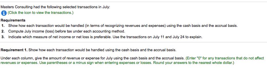Masters Consulting had the following selected transactions in July: (Click the icon to view the transactions.) Requirements 1. Show how each transaction would be handled (in terms of recognizing revenues and expenses) using the cash basis and the accrual basis. 2. Compute July income (loss) before tax under each accounting method 3. Indicate which measure of net income or net loss is preferable. Use the transactions on July 11 and July 24 to explain Requirement 1. Show how each transaction would be handled using the cash basis and the accrual basis. Under each column, give the amount of revenue or expense for July using the cash basis and the accrual basis (Enter 0 for any transactions that do not affect revenues or expenses. Use parentheses or a minus sign when entering expenses or losses. Round your answers to the nearest whole dollar.)
