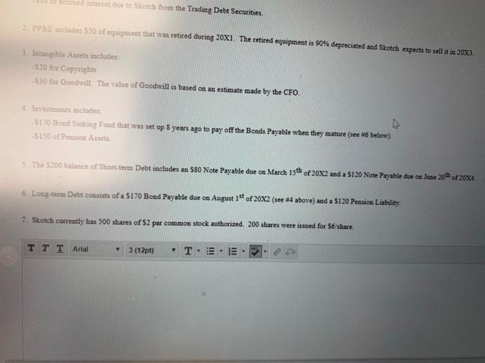 accrued interest due to skatch from the Trading Debt Securities. PP&E incindes $50 of equipment that was retired during 20X1.