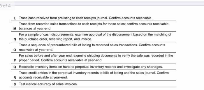 3 of 4 L Trace cash received from prelisting to cash receipts journal. Confirm accounts receivable. Trace from recorded sales