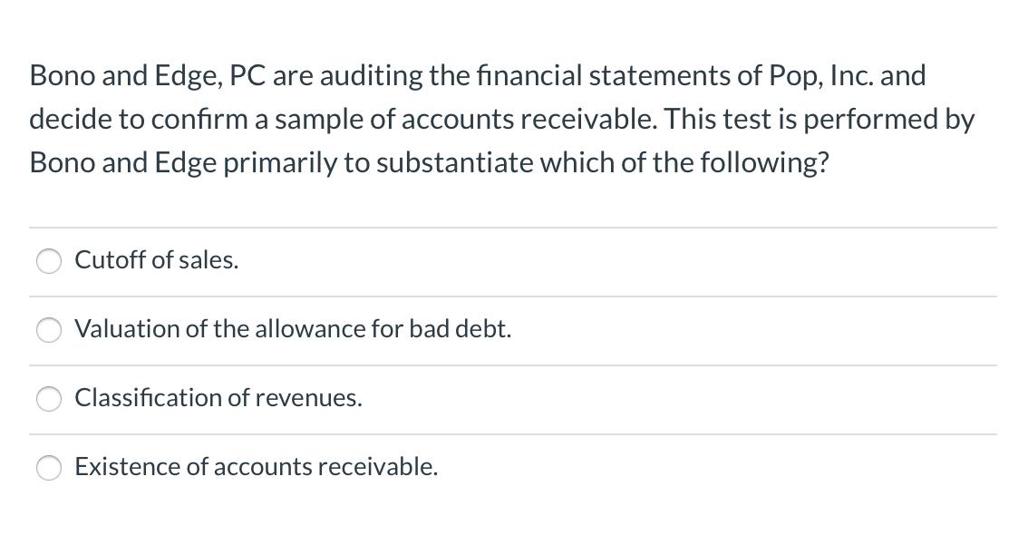 Bono and Edge, PC are auditing the financial statements of Pop, Inc. anddecide to confirm a sample of accounts receivable. T