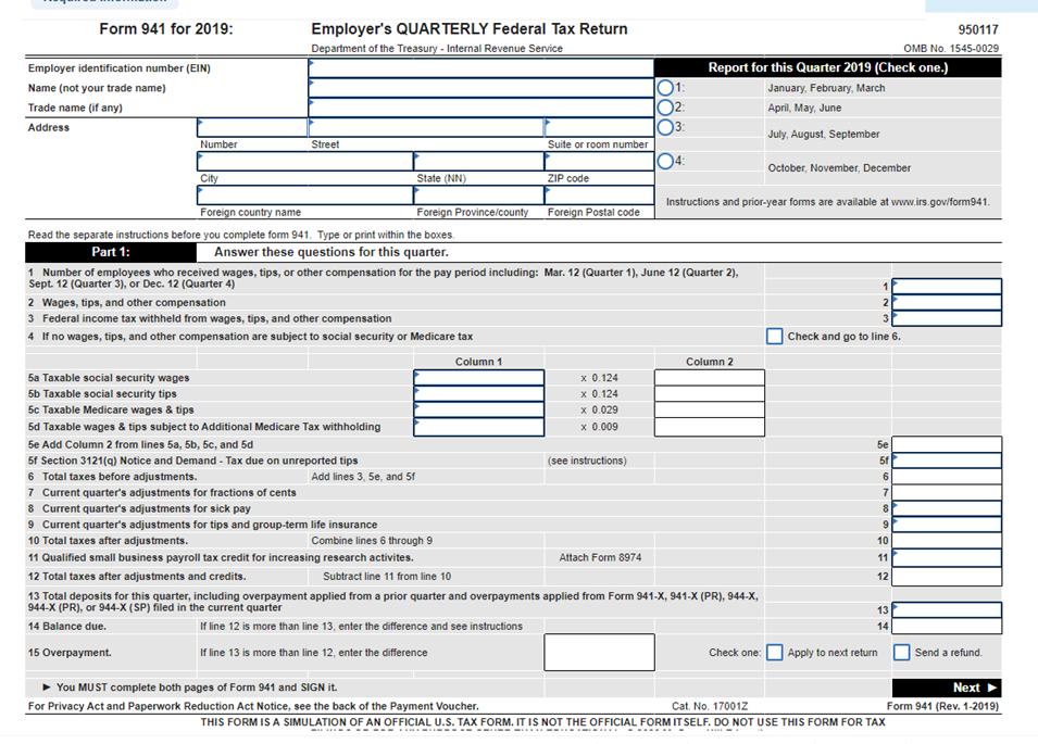 Form 941 for 2019: Employers QUARTERLY Federal Tax Return Department of the Treasury - Internal Revenue Service Employer ide