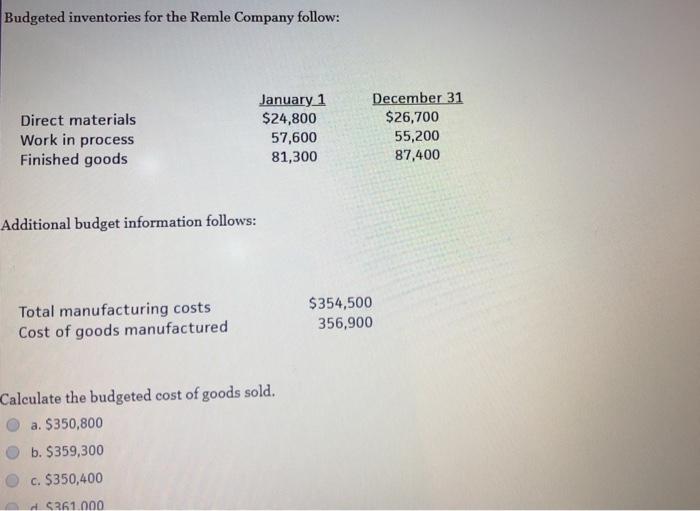 Budgeted inventories for the Remle Company follow: December 31 $26,700 55,200 87,400 January 1 $24,800 57,600 81,300 Direct m