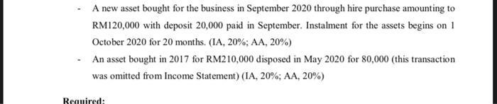 A new asset bought for the business in September 2020 through hire purchase amounting to RM120,000 with deposit 20,000 paid i