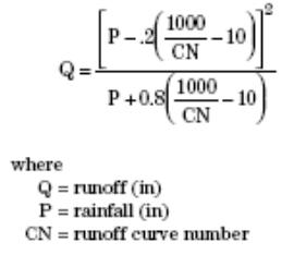 1000 P-2 - 10 CN 1000 P +0.81 -10 CN 10) where Q = runoff (in) P = rainfall (in) CN = runoff curve number