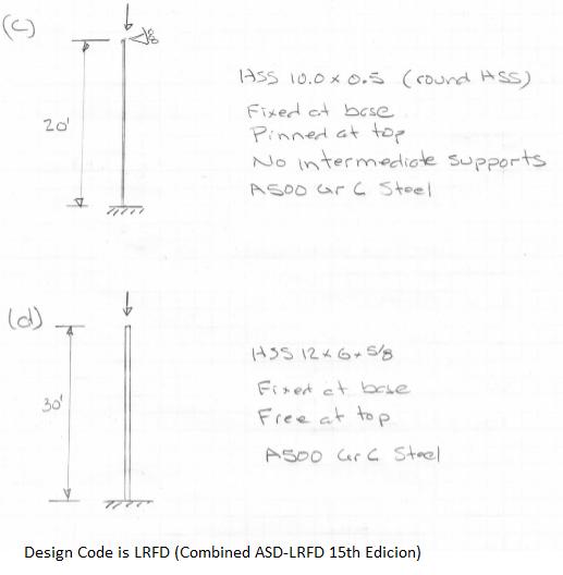 (c) 20 (d) 30' 1955 10.0 0.5 (round HSS) Fixed at base Pinned at top No intermediate supports A500 Gr C Steel