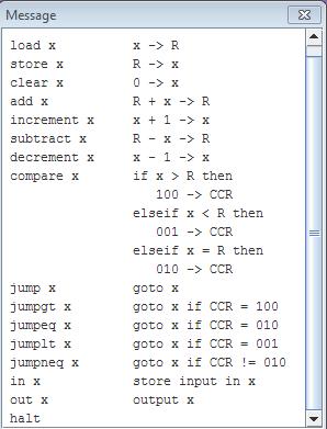 Message load x x R. R ->x store 0 ->x clear x R x R. add x increment x x 1 x subtract x R. decrement x x 1 x if x R then. Compare 100 CCR else if x R then 001 CCR else if x R then 010 CCR jump x goto goto x if CCR. 100 jumpgt jumpeq goto x if CCR. 010 x jumplt x goto x if CCR. 001 goto x if CCR 010 jumpneq x in x store input in x (out X output halt