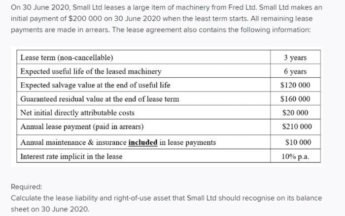 On 30 June 2020, Small Ltd leases a large item of machinery from Fred Ltd. Small Ltd makes an initial payment of $200 000 on