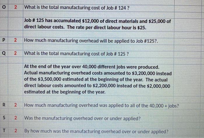 O 2What is the total manufacturing cost of Job # 124? Job # 125 has accumulated $12,000 of direct materials and $25,000 of d