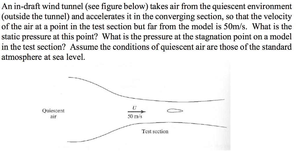 An in-draft wind tunnel (see figure below) takes air from the quiescent environment (outside the tunnel and accelerates it in the converging section, so that the velocity of the air at a point in the test section but far from the model is 50m/s. What is the static pressure at this point? What is the pressure at the stagnation point on a model in the test section? Assume the conditions of quiescent airare those of the standard atmosphere at sea level Quiescent 50 mis air Test section