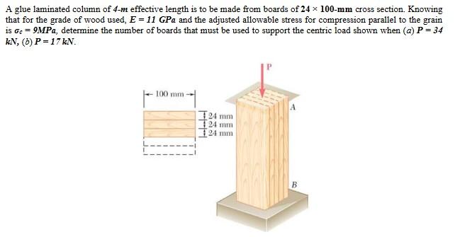 A glue laminated column of 4-m effective length is to be made from boards of 24 x 100-mm cross section. Knowingthat for the