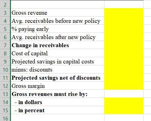 2. 23 Gross revenue 4 Avg. receivables before new policy 5 % paying early 6 Avg. receivables after new policy 7 Change in re