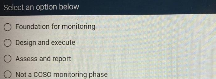 Select an option below Foundation for monitoring Design and execute Assess and report Not a COSO monitoring phase