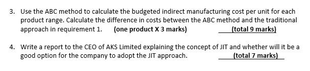 3. Use the ABC method to calculate the budgeted indirect manufacturing cost per unit for each product range. Calculate the di