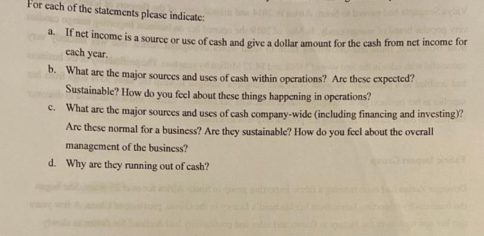 For each of the statements please indicate: a. If net income is a source or use of cash and give a dollar amount for the cash