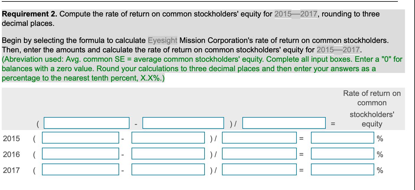 Requirement 2. Compute the rate of return on common stockholders equity for 2015—2017, rounding to three decimal places. Beg