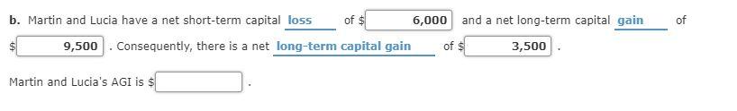 of b. Martin and Lucia have a net short-term capital loss of $ 6,000 and a net long-term capital gain $ 9,500. Consequently,