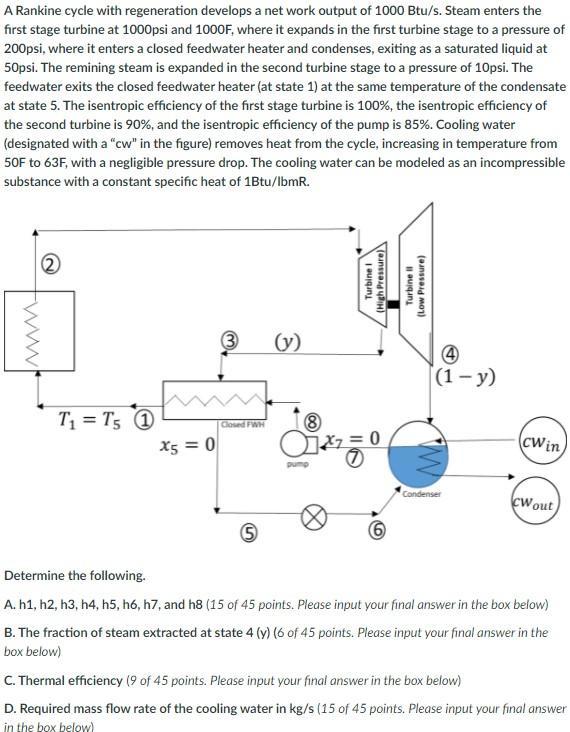 A Rankine cycle with regeneration develops a network output of 1000 Btu/s. Steam enters the first stage turbine at 1000psi an