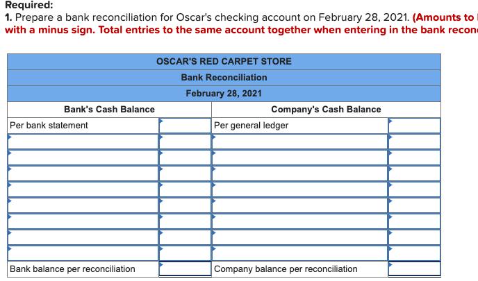 Required: 1. Prepare a bank reconciliation for Oscars checking account on February 28, 2021. (Amounts to with a minus sign.
