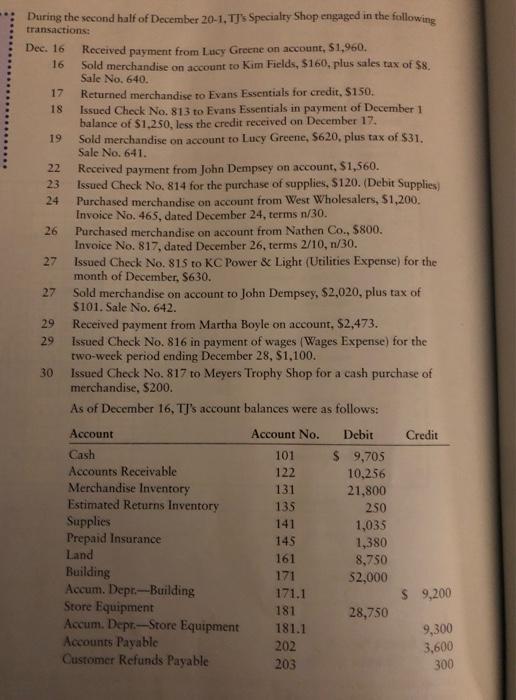 22 During the second half of December 20-1, TS Specialty Shop engaged in the following transactions: Dec. 16 Received payment