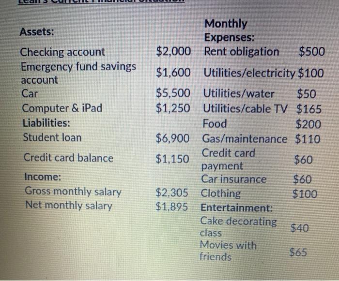 Assets: Monthly Expenses: $2,000 Rent obligation $500 Checking account Emergency fund savings account Car Computer & iPad Lia