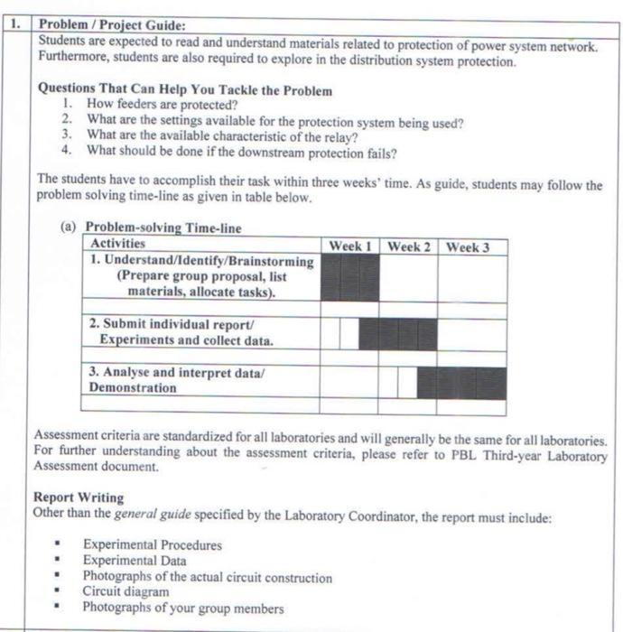 1. Problem / Project Guide: Students are expected to read and understand materials related to protection of power system netw