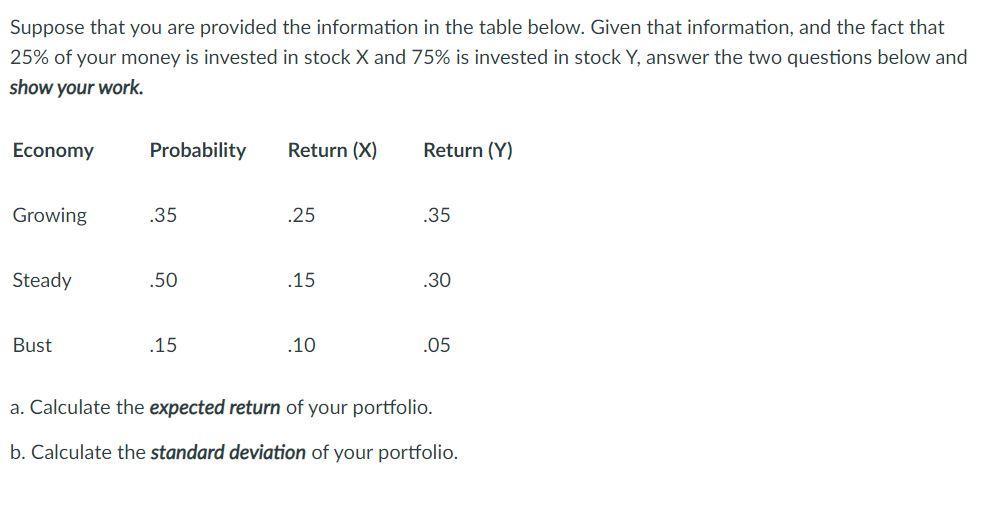 Suppose that you are provided the information in the table below. Given that information, and the fact that 25% of your money