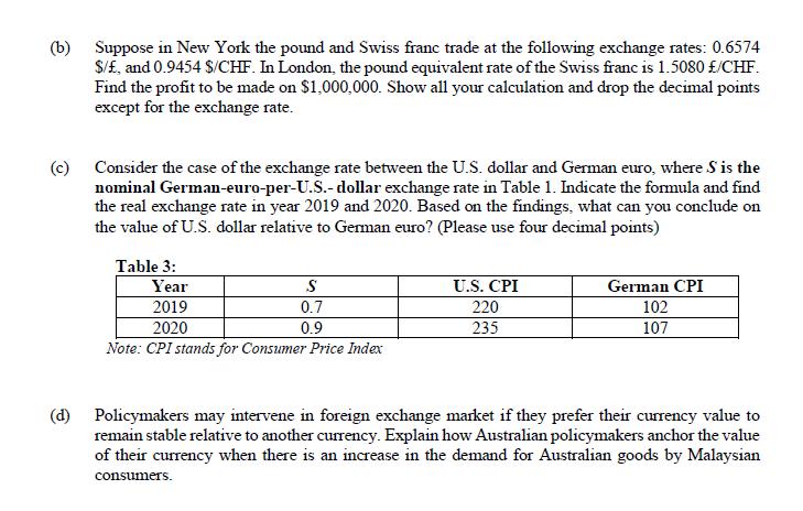 (b) Suppose in New York the pound and Swiss franc trade at the following exchange rates: 0.6574 $/£, and 0.9454 S/CHF. In Lon