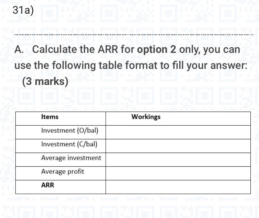31a) A. Calculate the ARR for option 2 only, you can use the following table format to fill your answer: (3 marks) Items Work
