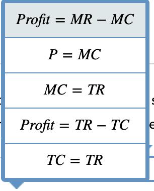 Profit = MR – MC P= MC MC = TR Profit = TR – TC TC = TR