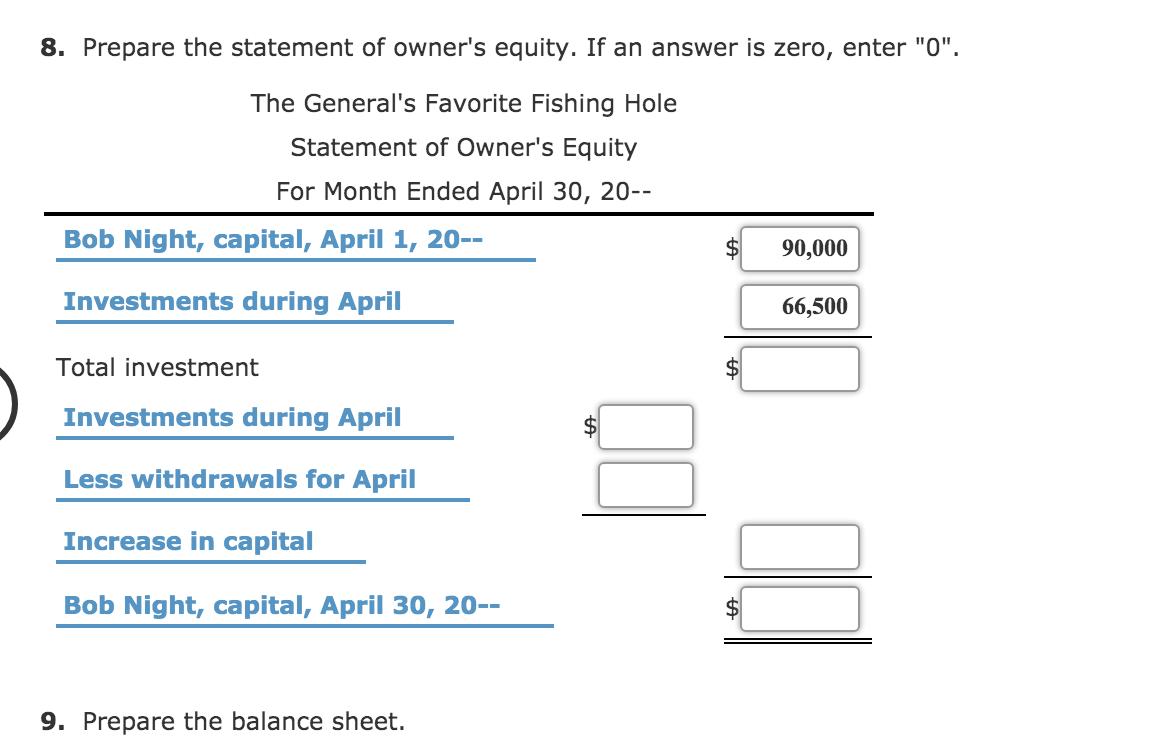 8. Prepare the statement of owners equity. If an answer is zero, enter 0. The Generals Favorite Fishing Hole Statement of
