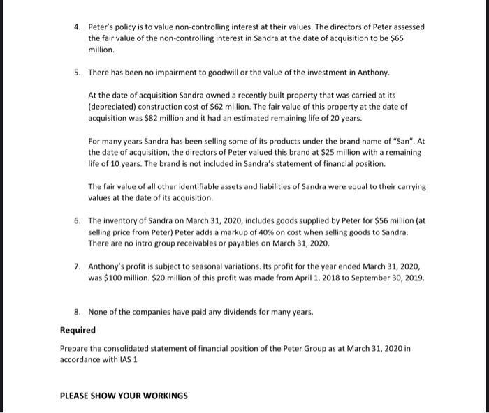 4. Peters policy is to value non-controlling interest at their values. The directors of Peter assessed the fair value of the