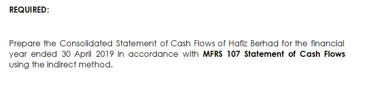 REQUIRED: Prepare the Consolidated Statement of Cash Flows of Hafiz Berhad for the financial year ended 30 April 2019 in acco