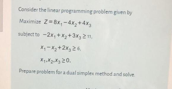 Consider the linear programming problem given by Maximize Z=8X1 - 4x2+4X3 subject to - 2xy + x2 + 3x3 2 11, X1 - X2+2x3 26, X