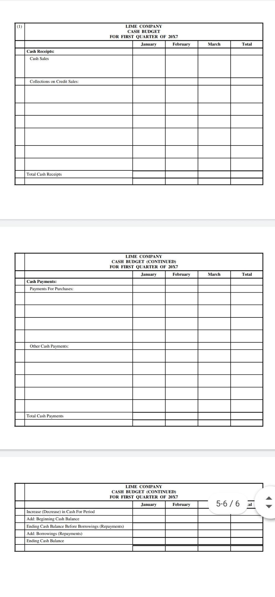 (1) LIME COMPANY CASH BUDGET FOR FIRST QUARTER OF 20X7 January February March Total Cash Receipts: Cash Sales Collections on